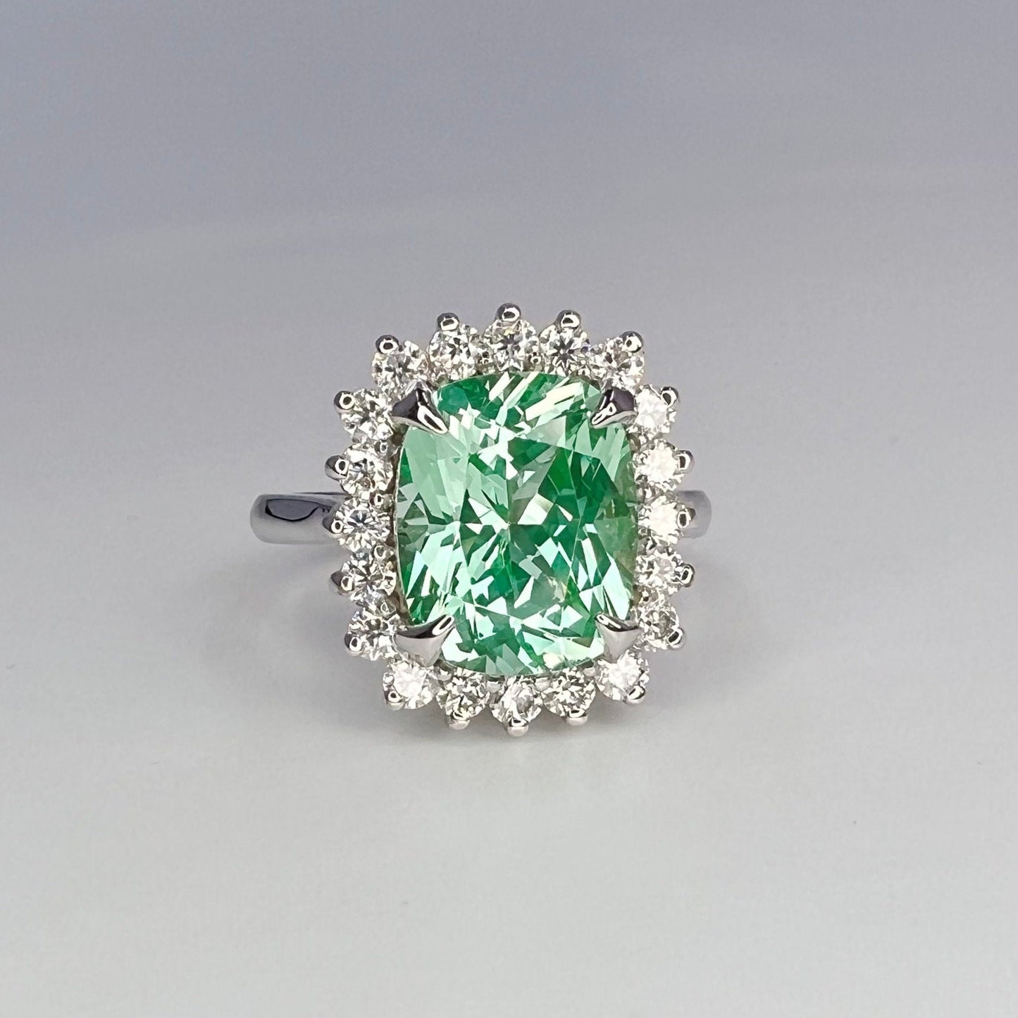 Green Paraiba Elongated Cushion Cut and Moissanite Halo Engagement Ring White Gold  Unique Vintage Anniversary Promise Wedding Rings   #7405
