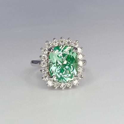 Green Paraiba Elongated Cushion Cut and Moissanite Halo Engagement Ring White Gold  Unique Vintage Anniversary Promise Wedding Rings   #7405