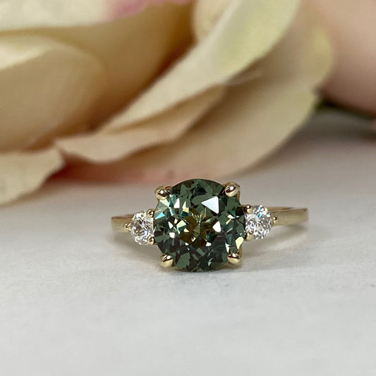 Green Sapphire Engagement Ring 14k Solid Gold Ring,  Unique Round Sapphire And Moissanite Three Stone Ring,  Vintage Wedding Ring For Women