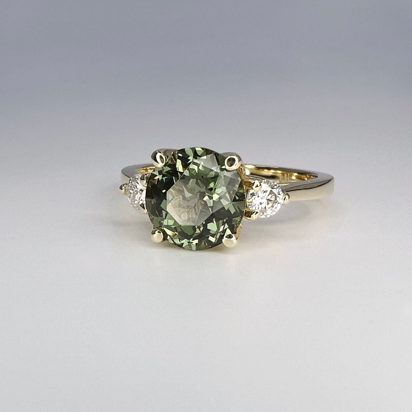 Green Sapphire Engagement Ring 14k Solid Gold Ring,  Unique Round Sapphire And Moissanite Three Stone Ring,  Vintage Wedding Ring For Women