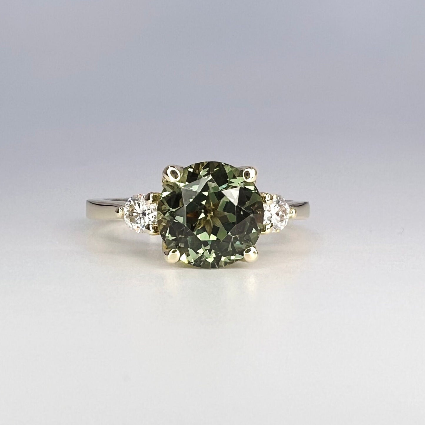 Green Sapphire Engagement Ring 14k Solid Gold Ring,  Unique Round Sapphire And Moissanite Three Stone Ring,  Vintage Wedding Ring For Women
