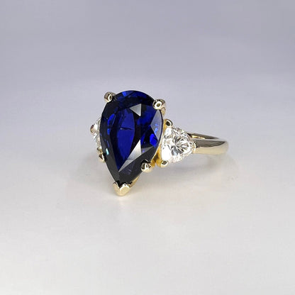 Blue Sapphire Pear Shape Engagement Ring, Blue Sapphire And Moissanite Pear Shape Three Stone Wedding Ring, Sapphire Birthstone Ring