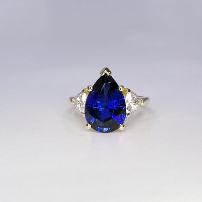 Blue Sapphire Pear Shape Engagement Ring, Blue Sapphire And Moissanite Pear Shape Three Stone Wedding Ring, Sapphire Birthstone Ring