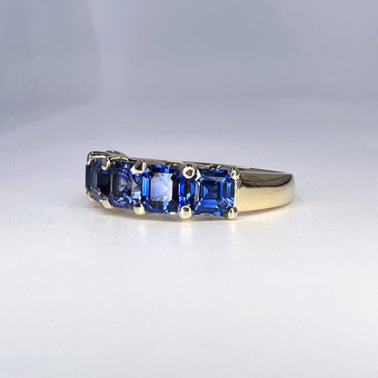 Six Stone Blue Sapphire Half Eternity Band 14K White Gold Asscher Cut Blue Sapphire Wedding Band For Women Unique Blue Sapphire Bands #6053