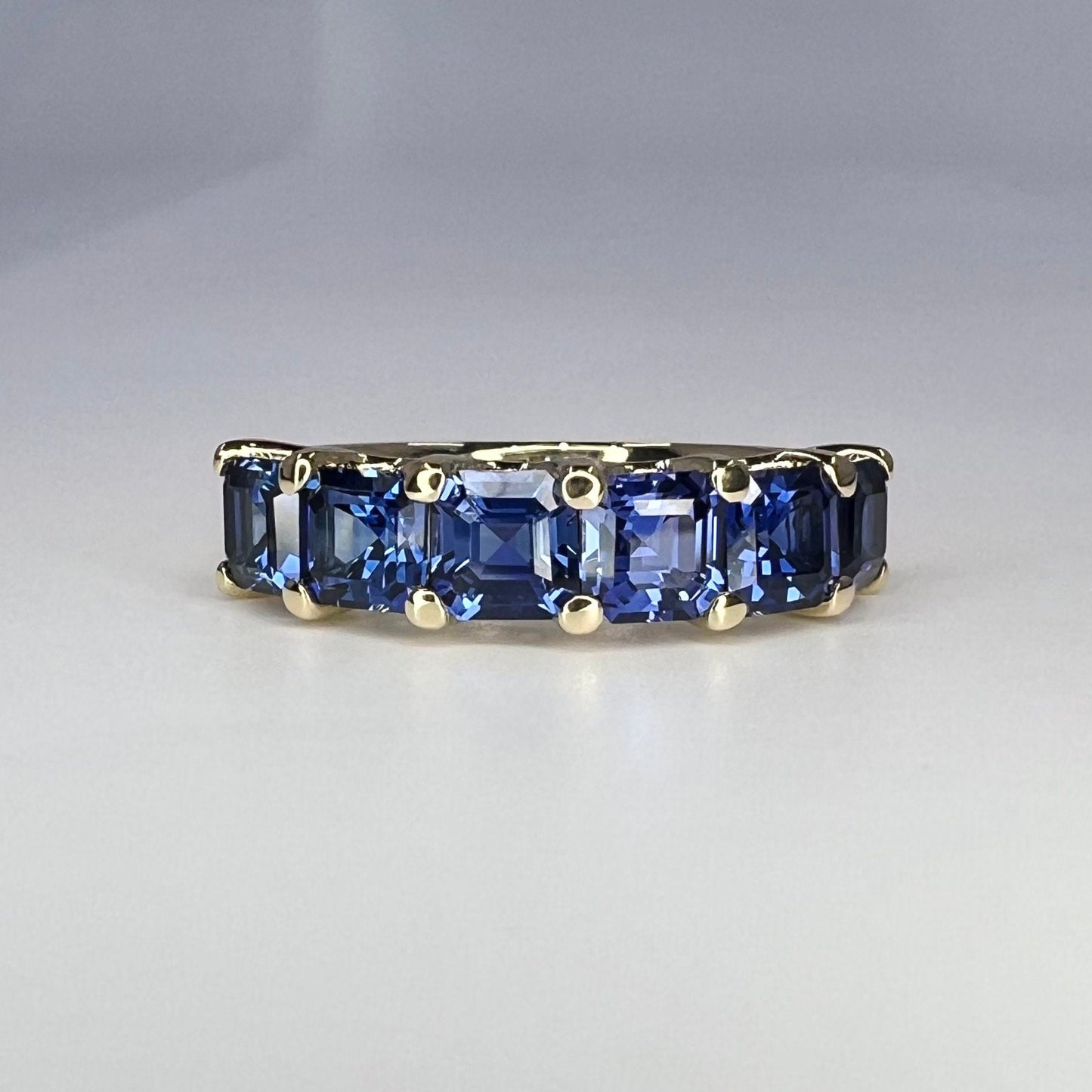 Six Stone Blue Sapphire Half Eternity Band 14K White Gold Asscher Cut Blue Sapphire Wedding Band For Women Unique Blue Sapphire Bands #6053