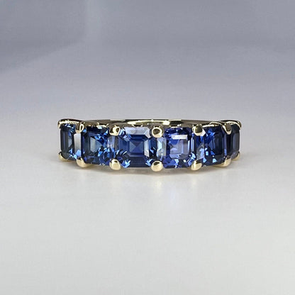 Six Stone Blue Sapphire Half Eternity Band 14K White Gold Asscher Cut Blue Sapphire Wedding Band For Women Unique Blue Sapphire Bands #6053
