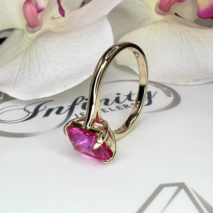 Radiant Cut Pink Sapphire Solitaire Engagement Ring, 14k Yellow Gold Pink Sapphire Birthstone Ring For Ladies, Solitaire Sapphire Ring #6419