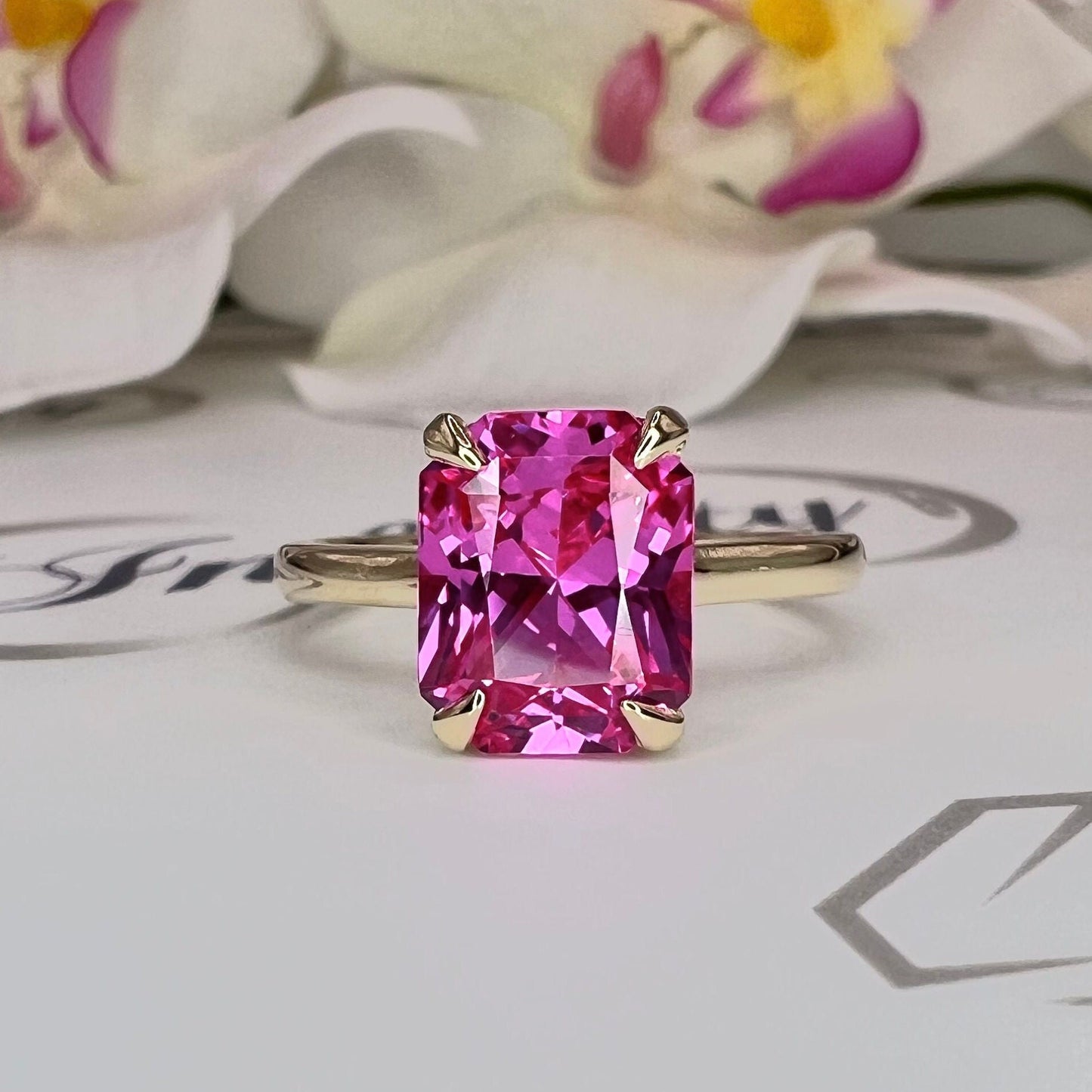 Radiant Cut Pink Sapphire Solitaire Engagement Ring, 14k Yellow Gold Pink Sapphire Birthstone Ring For Ladies, Solitaire Sapphire Ring #6419