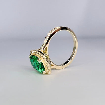 Elongated Cushion Cut Emerald Ring, Diamond Halo Engagement Ring, Green Emerald Engagement Ring, 3.90ctw, 14k Yellow Gold  #6057