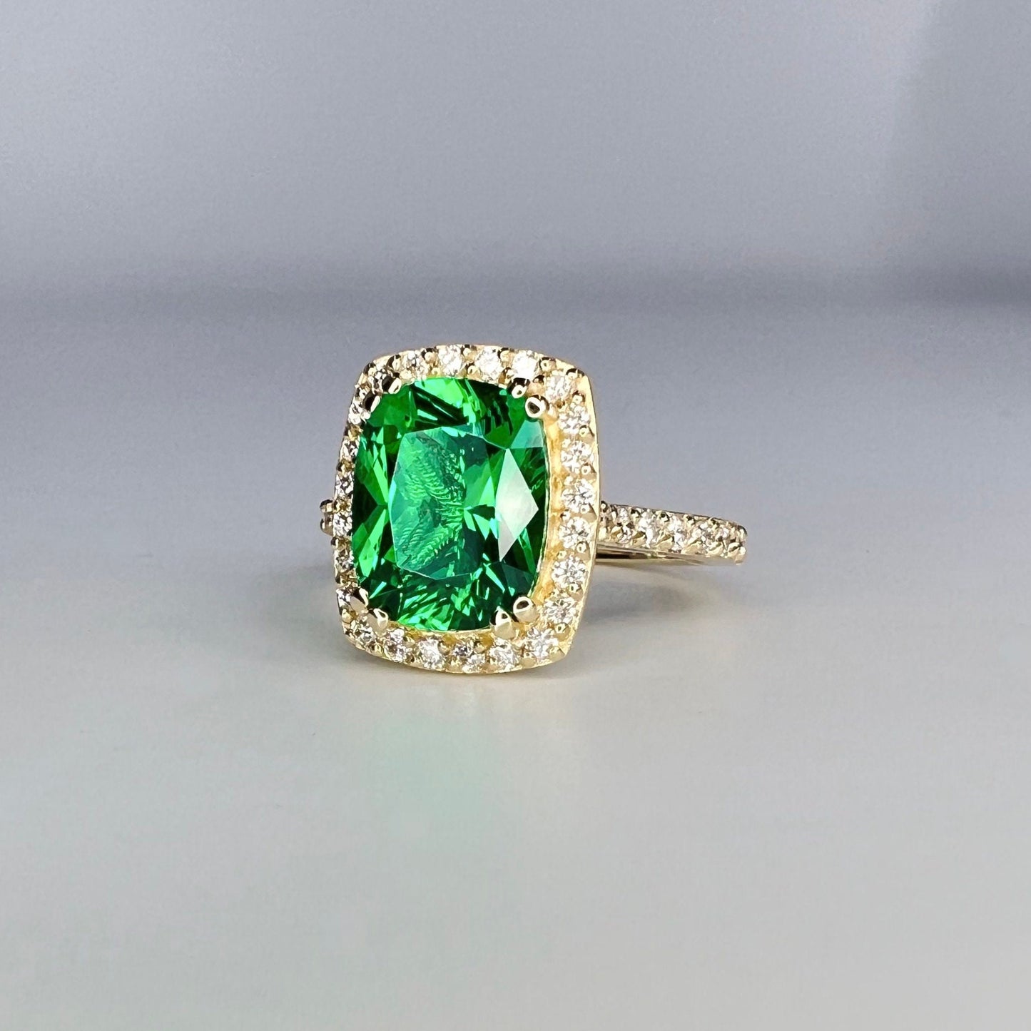 Elongated Cushion Cut Emerald Ring, Diamond Halo Engagement Ring, Green Emerald Engagement Ring, 3.90ctw, 14k Yellow Gold  #6057