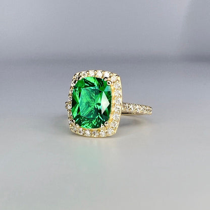 Elongated Cushion Cut Emerald Ring, Diamond Halo Engagement Ring, Green Emerald Engagement Ring, 3.90ctw, 14k Yellow Gold  #6057