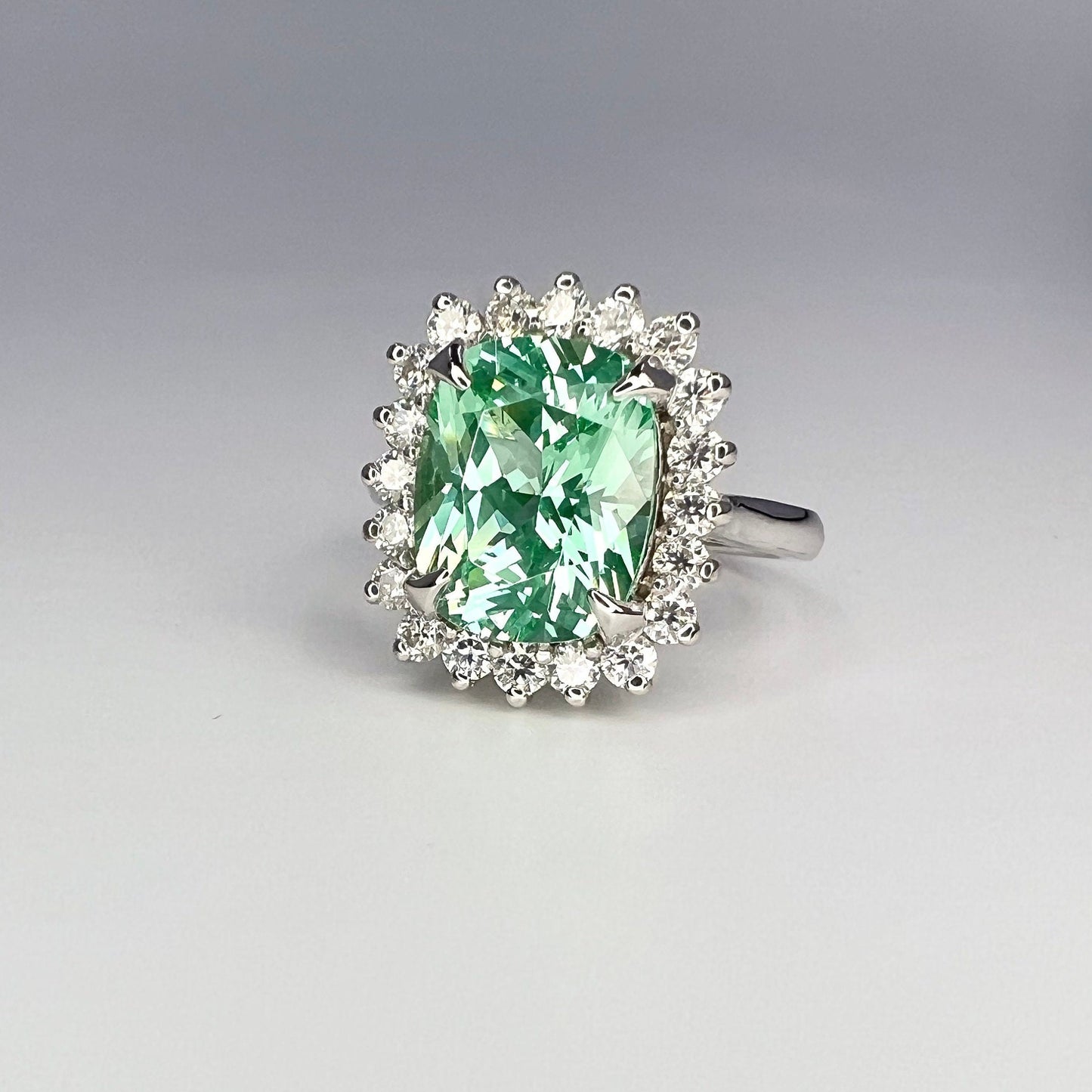 Green Paraiba Elongated Cushion Cut and Moissanite Halo Engagement Ring White Gold  Unique Vintage Anniversary Promise Wedding Rings   #7405