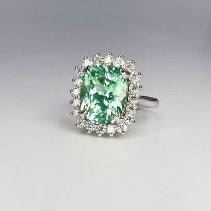 Green Paraiba Elongated Cushion Cut and Moissanite Halo Engagement Ring White Gold  Unique Vintage Anniversary Promise Wedding Rings   #7405