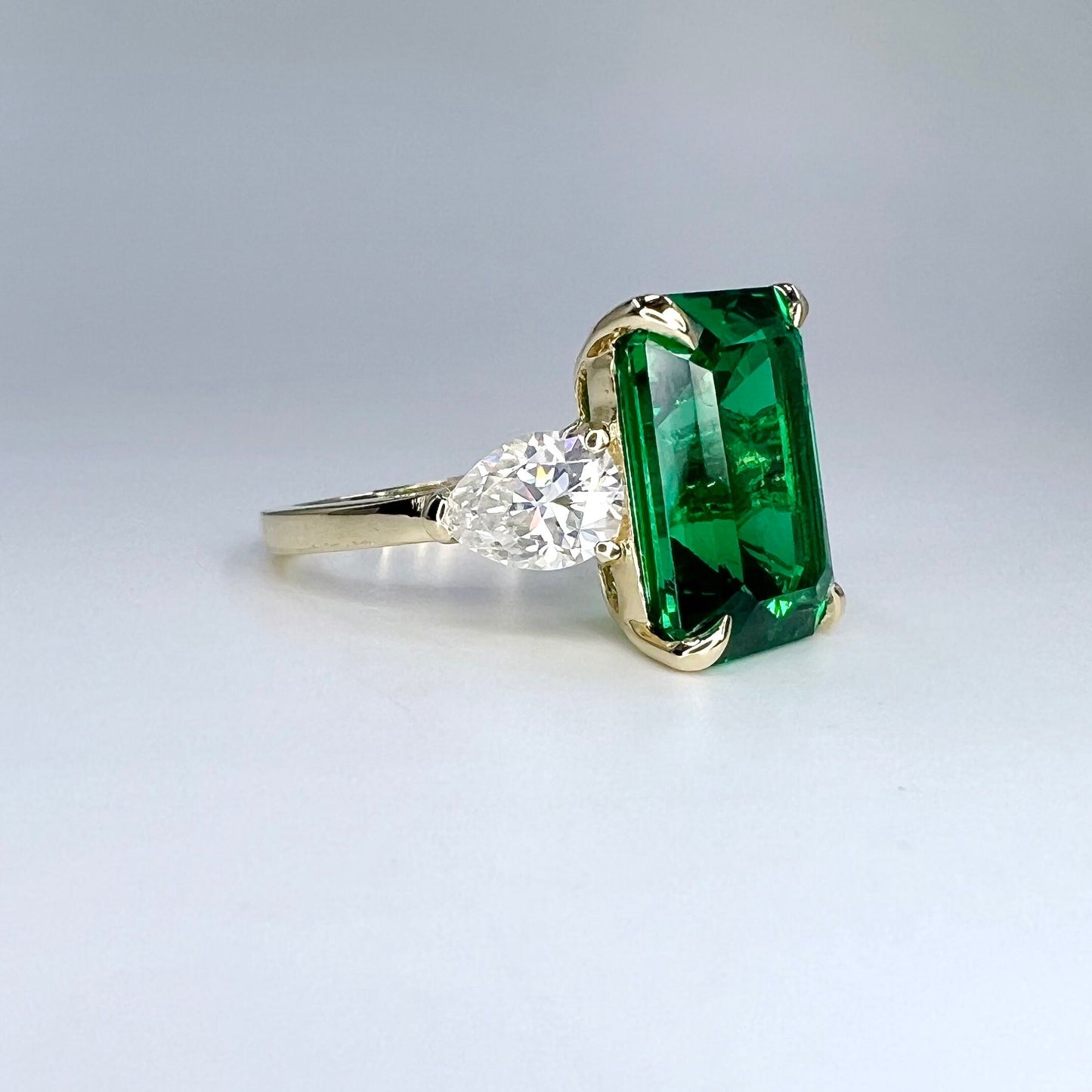 Emerald Cut Emerald Engagement Ring  Vintage Yellow Gold Ring Unique Pear Shape Moissanite Engagement Ring Bridal Anniversary Gift  #7370