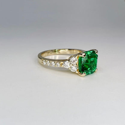 Asscher Cut Engagement Ring / Green Emerald Wedding Ring / Emerald and Moissanite Ring / Proposal Ring / 14k Yellow Gold