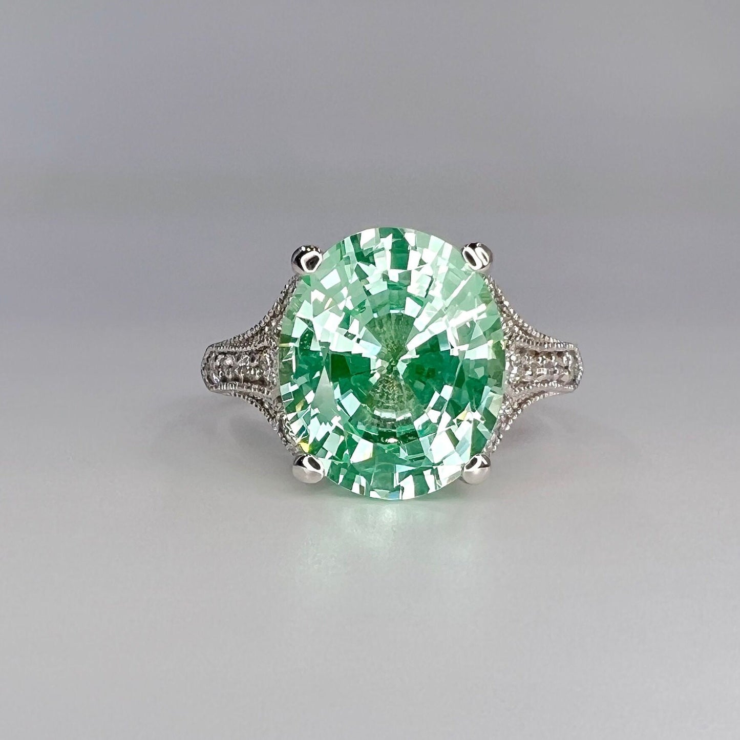 Oval Engagement Ring / Light Green Paraiba Ring / Paraiba and Moissanite Ring / 14k White Gold / #6401