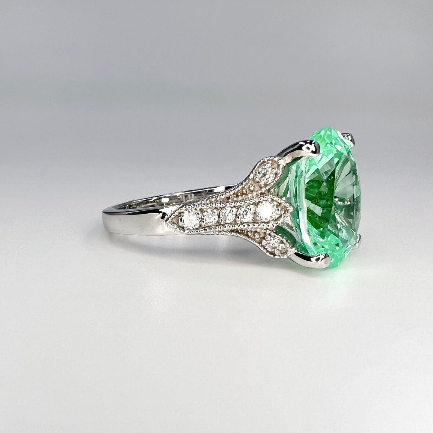 Oval Engagement Ring / Light Green Paraiba Ring / Paraiba and Moissanite Ring / 14k White Gold / #6401