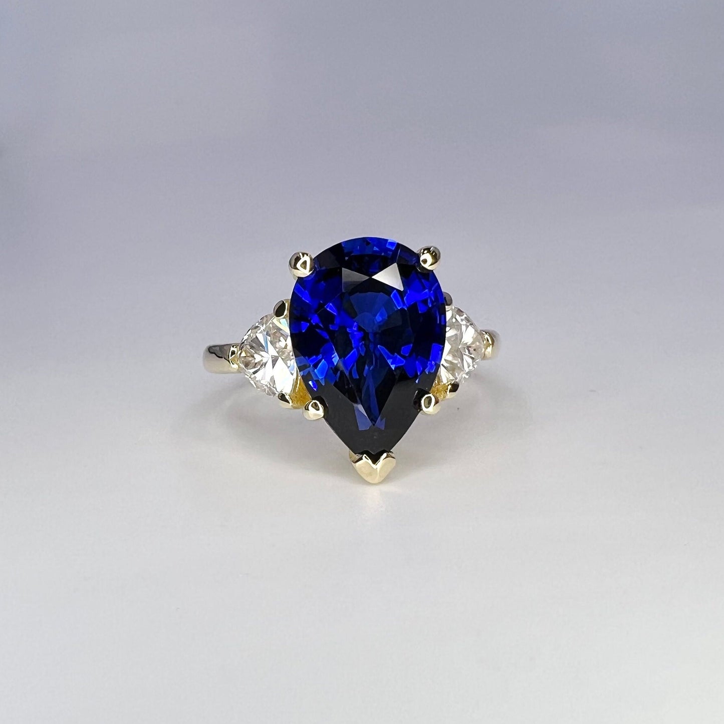 Blue Sapphire Pear Shape Engagement Ring, Blue Sapphire And Moissanite Pear Shape Three Stone Wedding Ring, Sapphire Birthstone Ring