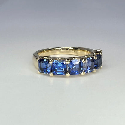 Six Stone Blue Sapphire Half Eternity Band 14K White Gold Asscher Cut Blue Sapphire Wedding Band For Women Unique Blue Sapphire Bands #6053
