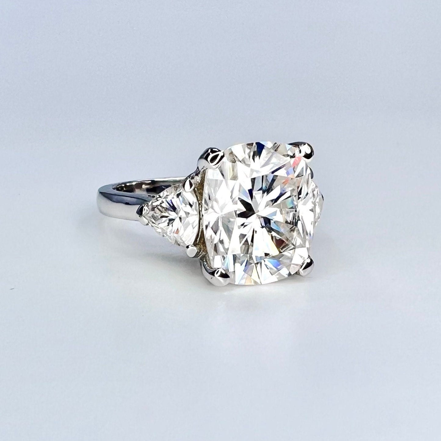 Moissanite Engagement Ring Cushion Cut, Elongated Cushion Shaped Three Stone Wedding Ring, 14k White Gold Trillion Moissanite Ring,  #5545