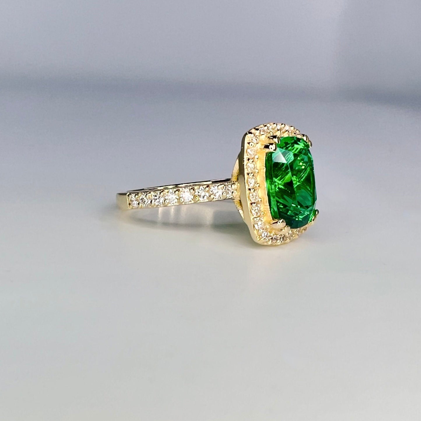 Elongated Cushion Cut Emerald Ring, Diamond Halo Engagement Ring, Green Emerald Engagement Ring, 3.90ctw, 14k Yellow Gold  #6057