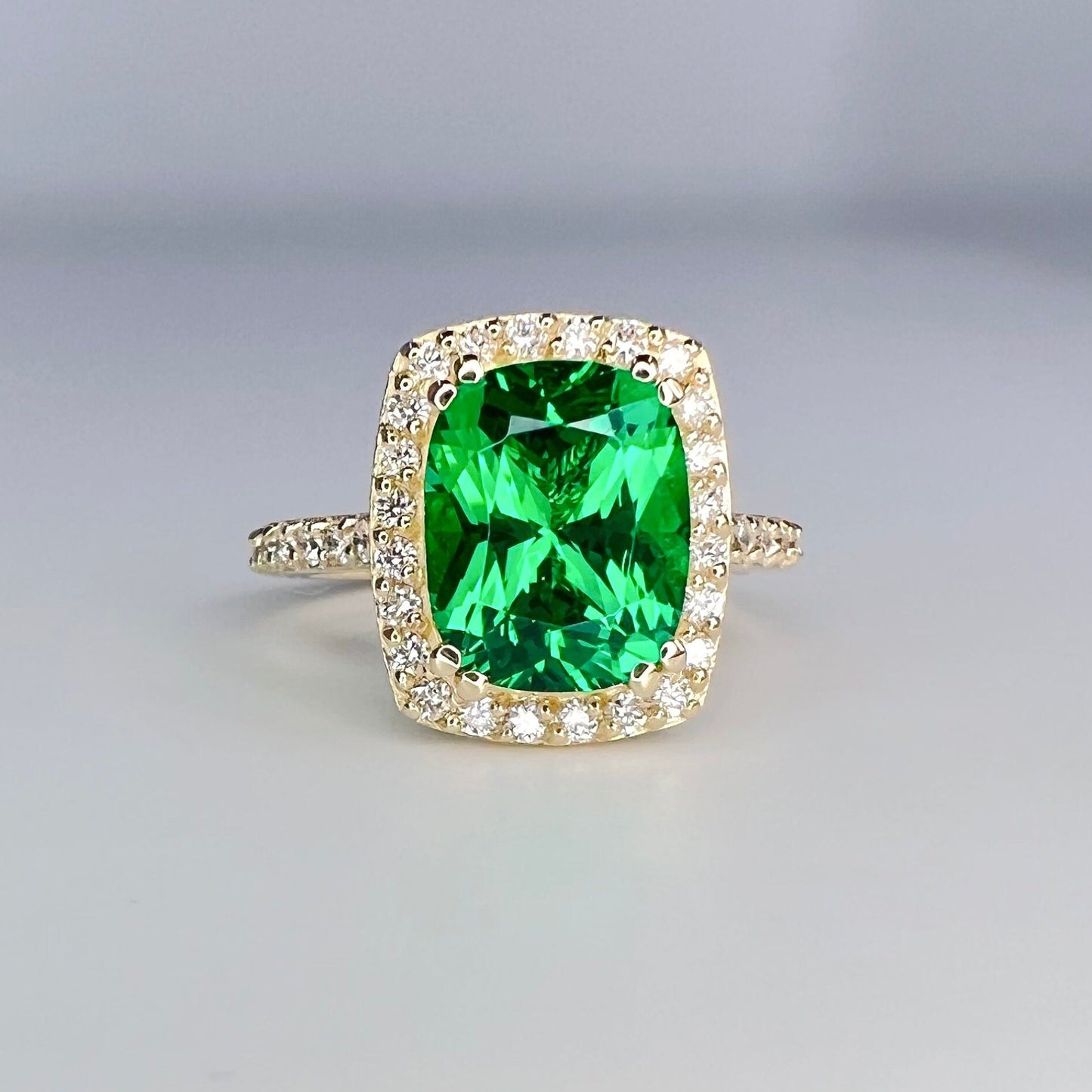 Elongated Cushion Cut Emerald Ring, Diamond Halo Engagement Ring, Green Emerald Engagement Ring, 3.90ctw, 14k Yellow Gold  #6057