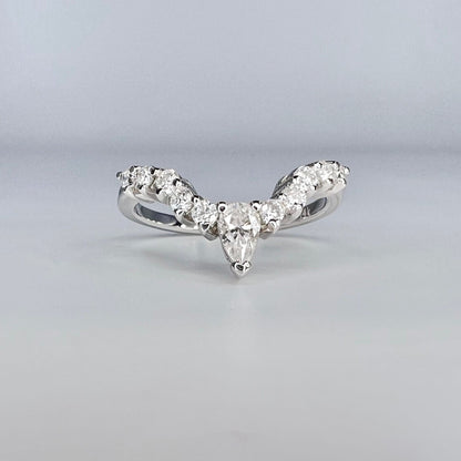 Moissanite Curved Wedding Band For Women 14K Solid White Gold, V Shaped Stacking Bands Vintage Crown Cluster Moissanite Wedding Bands #7185