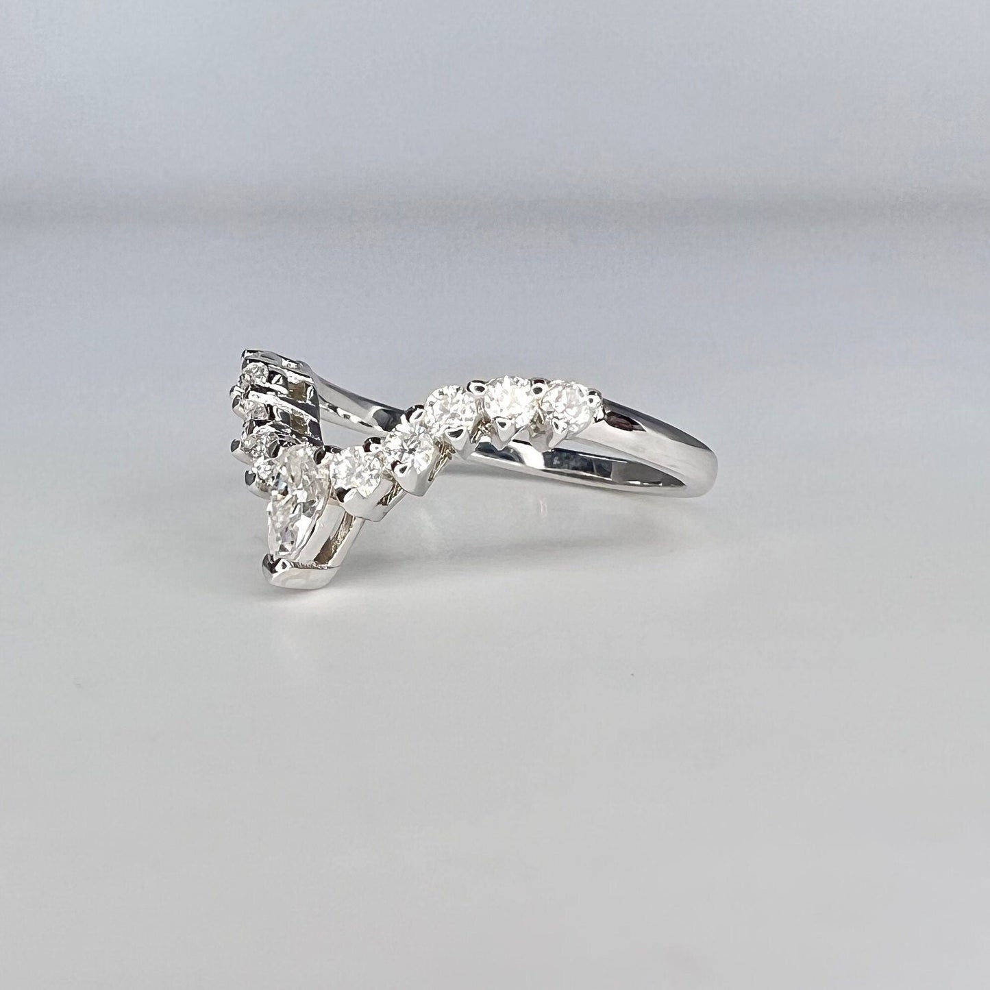 Moissanite Curved Wedding Band For Women 14K Solid White Gold, V Shaped Stacking Bands Vintage Crown Cluster Moissanite Wedding Bands #7185