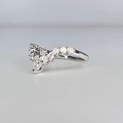 Moissanite Curved Wedding Band For Women 14K Solid White Gold, V Shaped Stacking Bands Vintage Crown Cluster Moissanite Wedding Bands #7185