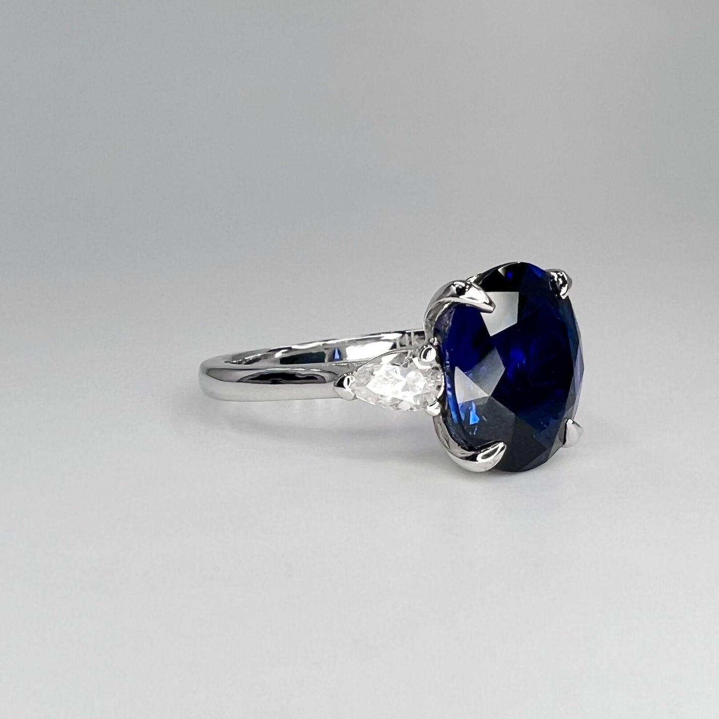 Oval Blue Sapphire Engagement Ring,  Blue Sapphire And Moissanite Wedding Ring, 14k Gold Three Stone Sapphire And Moissanite Ring     #6515