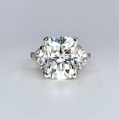 Moissanite Engagement Ring Cushion Cut, Elongated Cushion Shaped Three Stone Wedding Ring, 14k White Gold Trillion Moissanite Ring,  #5545