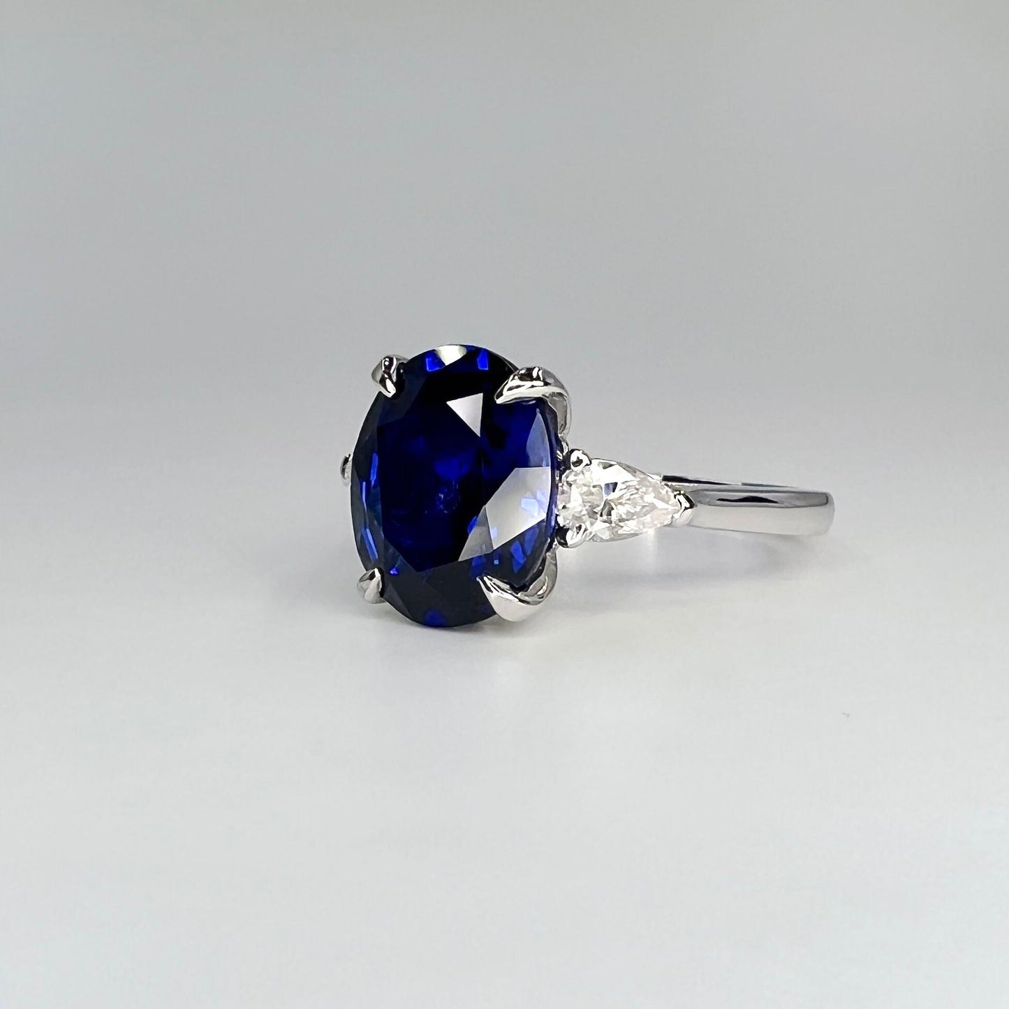 Oval Blue Sapphire Engagement Ring,  Blue Sapphire And Moissanite Wedding Ring, 14k Gold Three Stone Sapphire And Moissanite Ring     #6515