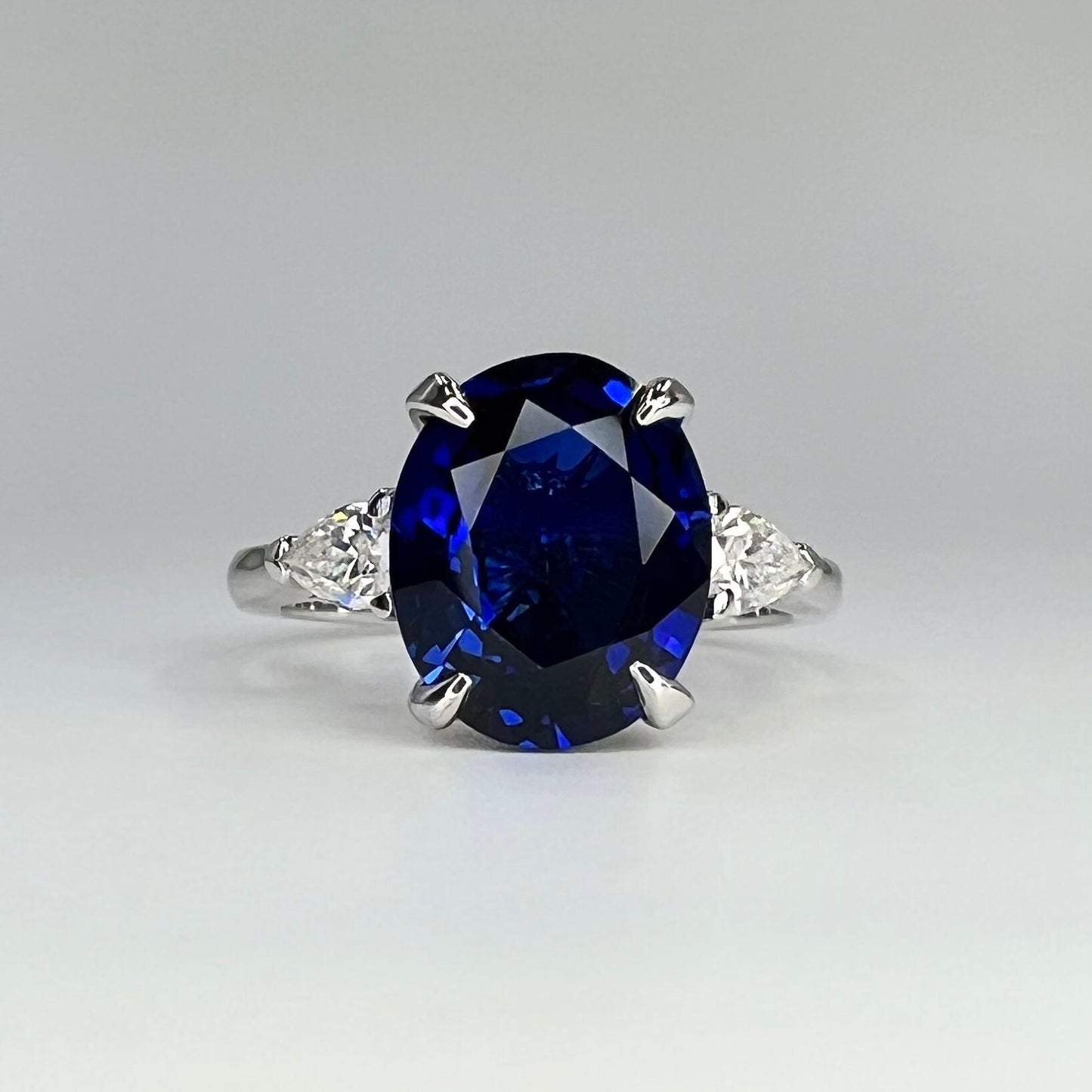 Oval Blue Sapphire Engagement Ring,  Blue Sapphire And Moissanite Wedding Ring, 14k Gold Three Stone Sapphire And Moissanite Ring     #6515