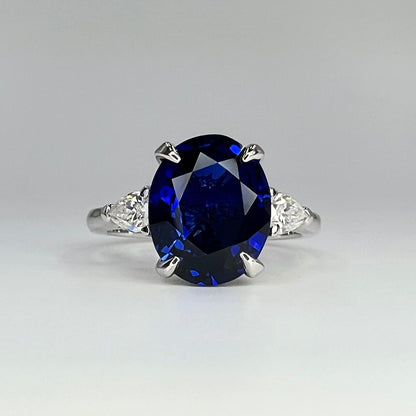 Oval Blue Sapphire Engagement Ring,  Blue Sapphire And Moissanite Wedding Ring, 14k Gold Three Stone Sapphire And Moissanite Ring     #6515