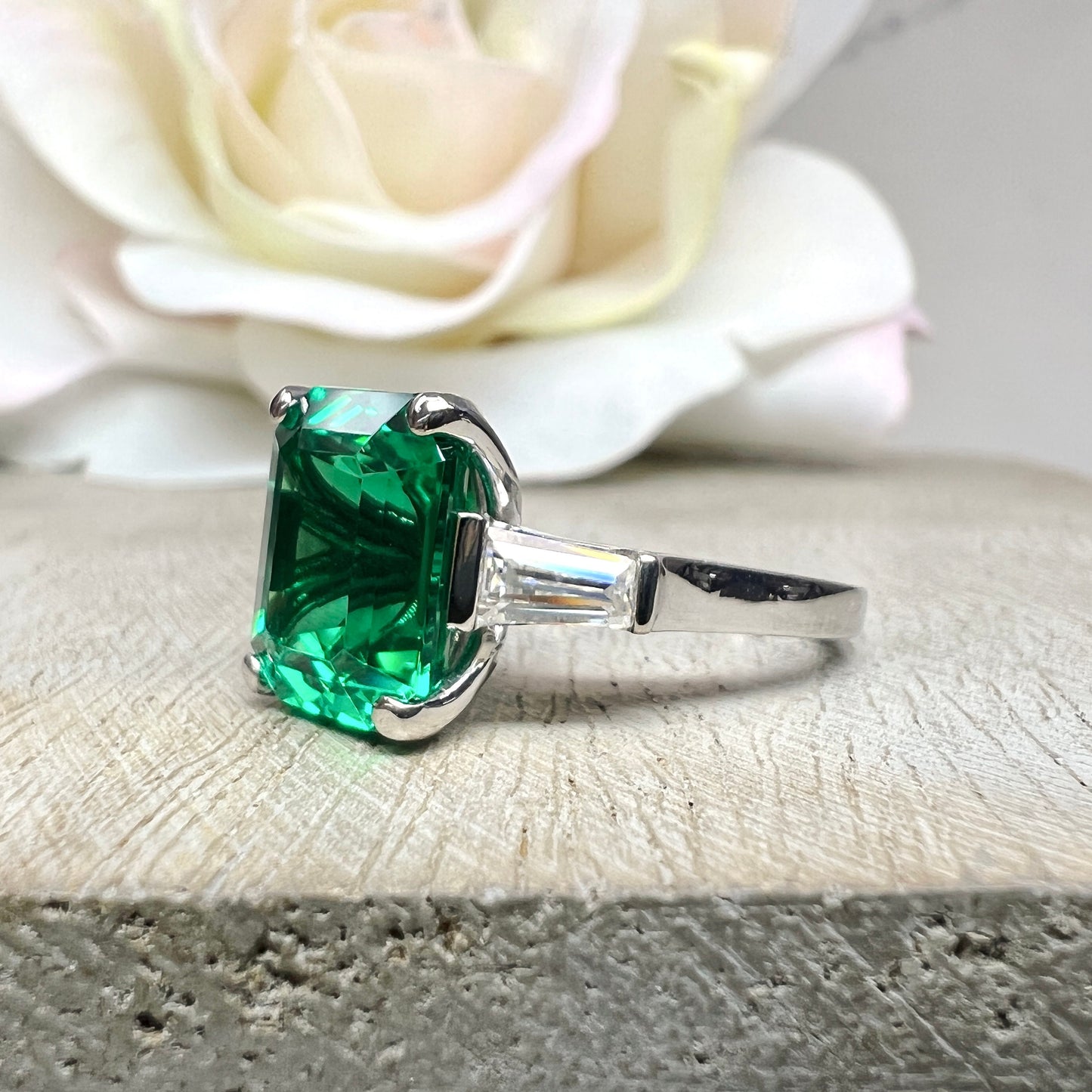 Emerald Cut Emerald Engagement Ring Moissanite Baguettes 14K White Gold  Emerald Green Emerald Cut Engagement Rings Unique Wedding Ring 7363