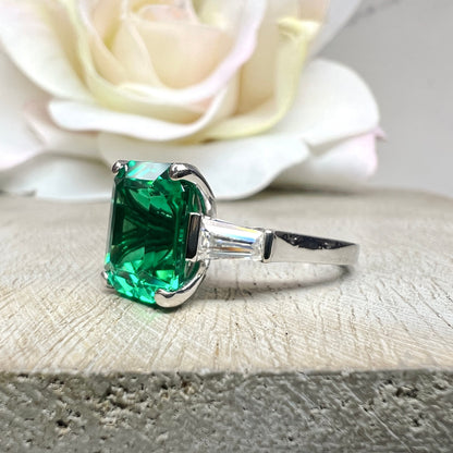 Emerald Cut Emerald Engagement Ring Moissanite Baguettes 14K White Gold  Emerald Green Emerald Cut Engagement Rings Unique Wedding Ring 7363