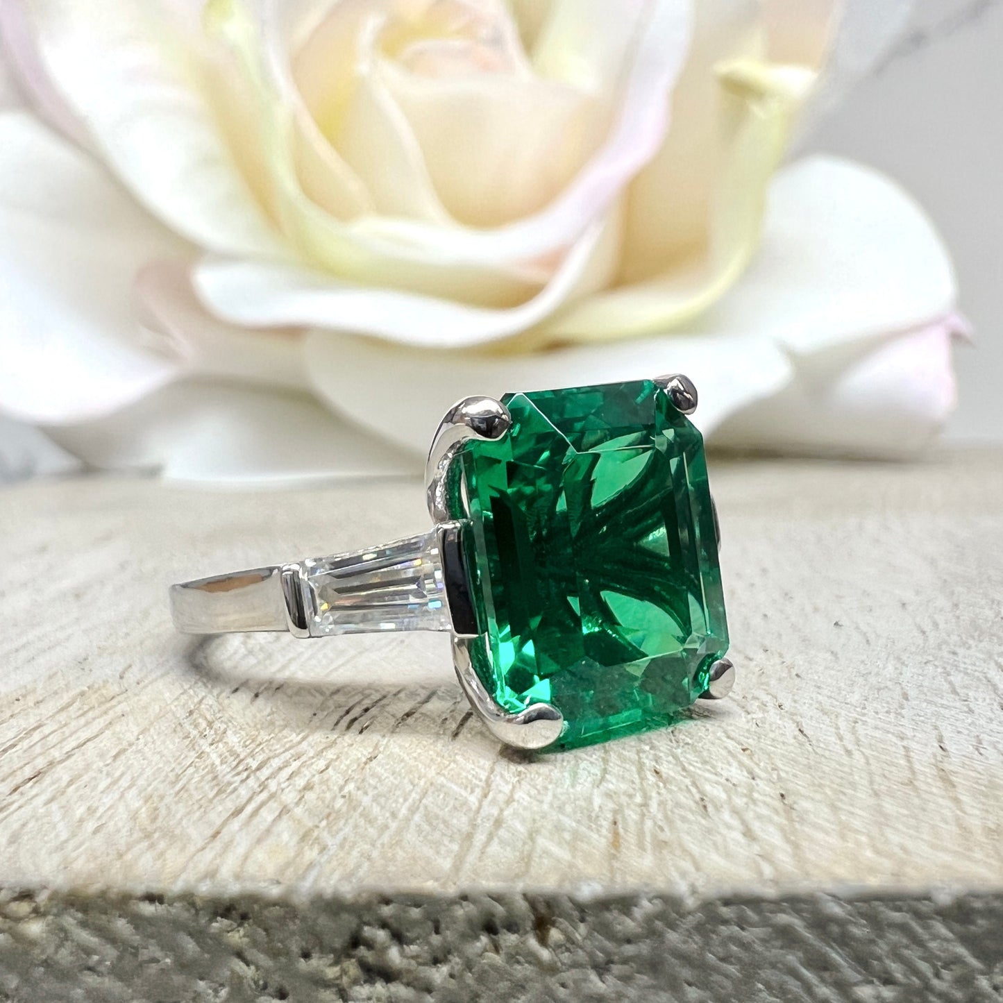 Emerald Cut Emerald Engagement Ring Moissanite Baguettes 14K White Gold  Emerald Green Emerald Cut Engagement Rings Unique Wedding Ring 7363
