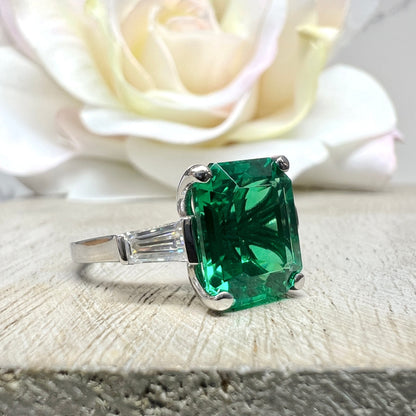 Emerald Cut Emerald Engagement Ring Moissanite Baguettes 14K White Gold  Emerald Green Emerald Cut Engagement Rings Unique Wedding Ring 7363