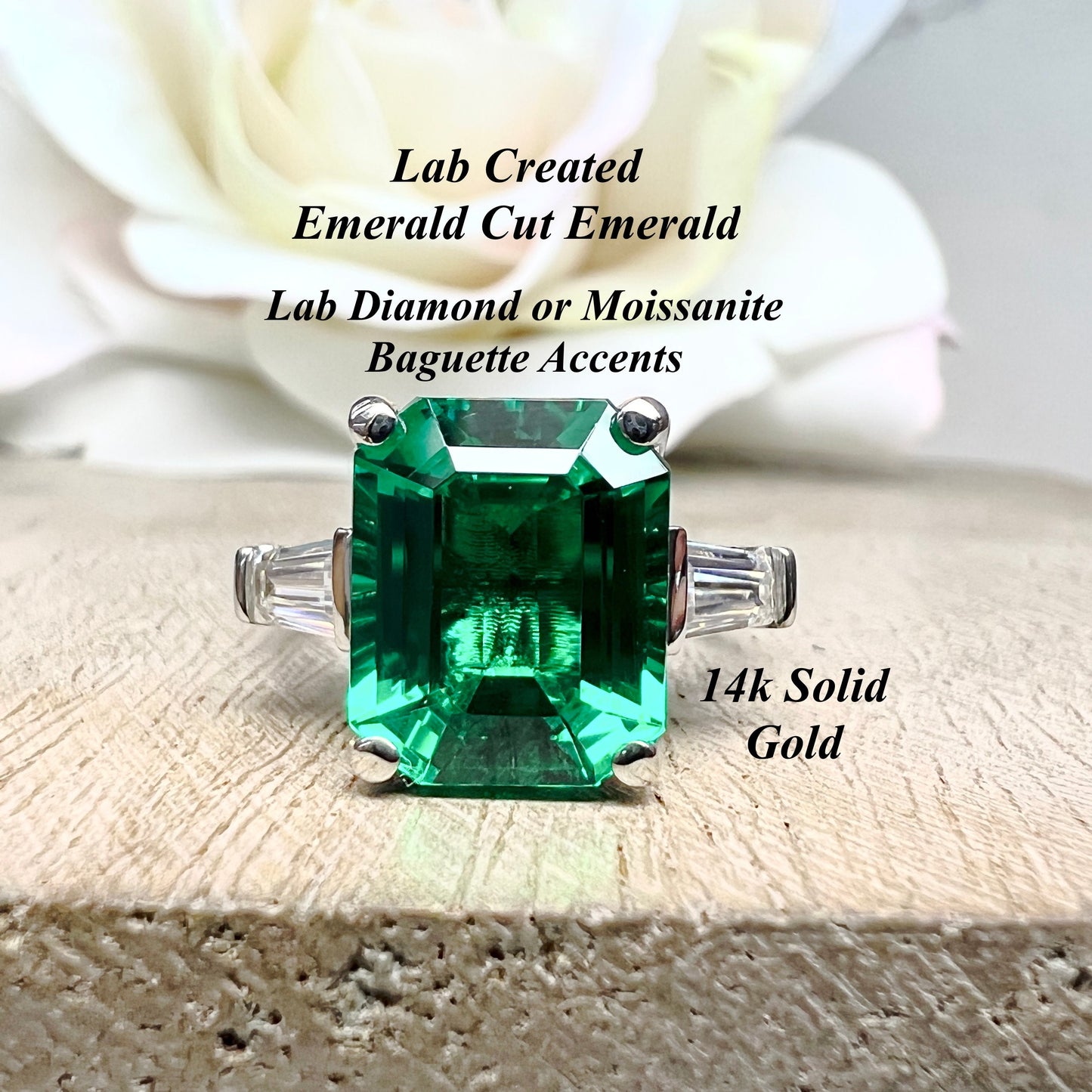 Emerald Cut Emerald Engagement Ring With Baguettes In 14K White Gold, Emerald and Moissanite Engagement Ring #6725
