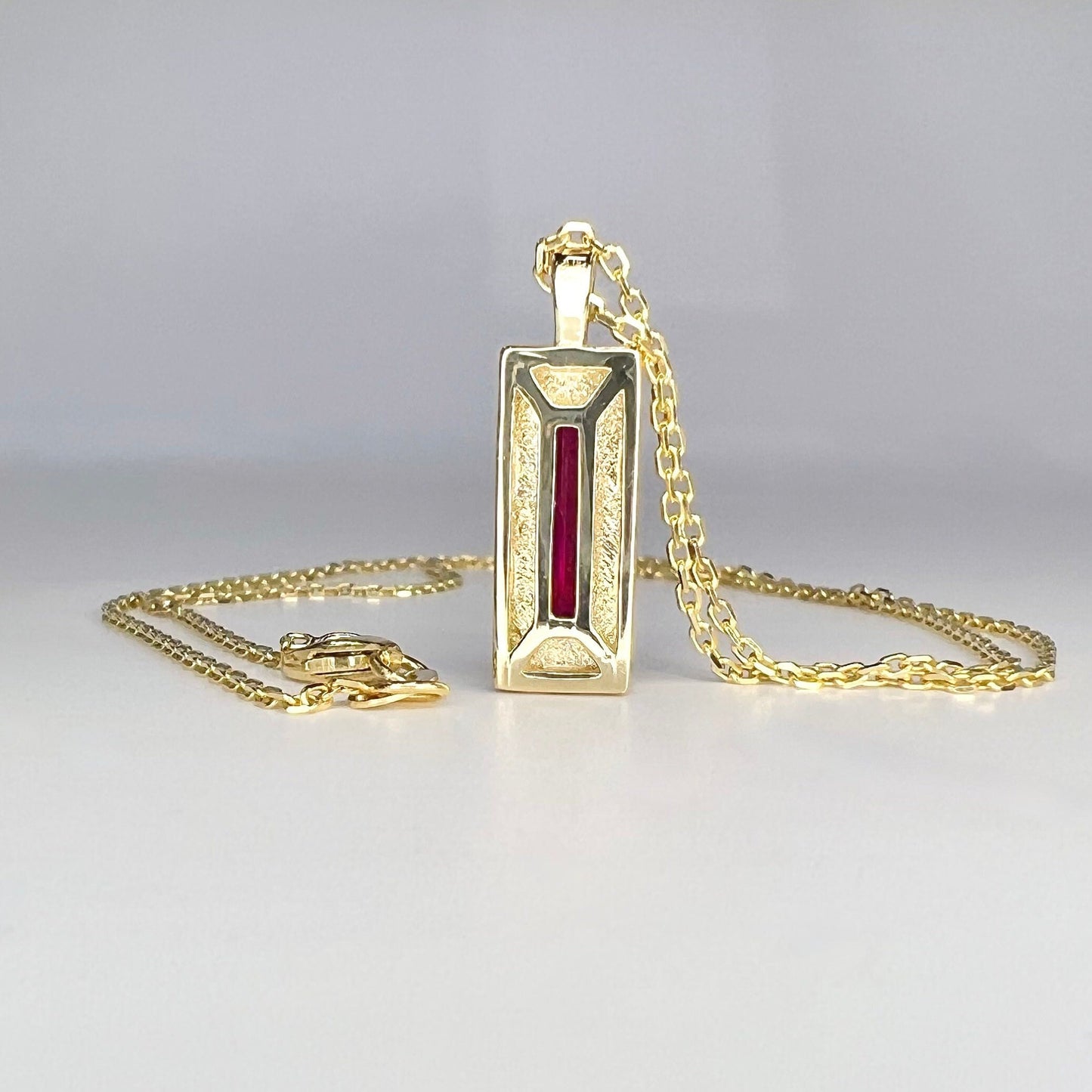 Baguette Shaped Ruby Pendant Necklace 14K Solid Gold , Unique Long Ruby Necklace , July Birthstone Jewelry , Dainty Layering Necklace