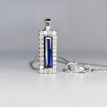 Baguette Shaped Blue Sapphire Pendant Necklace 14K Gold , Long Blue Sapphire Necklace , Dainty Layering Necklace September Birthstone