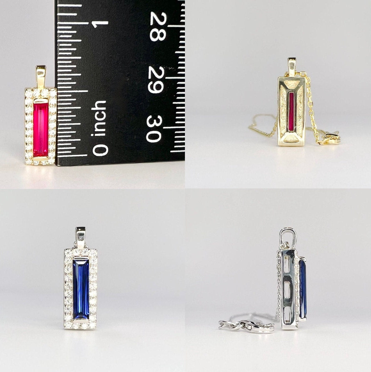 Baguette Shaped Ruby Pendant Necklace 14K Solid Gold , Unique Long Ruby Necklace , July Birthstone Jewelry , Dainty Layering Necklace