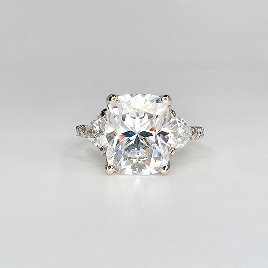 Moissanite Cushion Cut Engagement Ring, Elongated Cushion Cut Wedding Ring, 14k White Gold Trillion Moissanite Three Stone Ring Ladies #7508