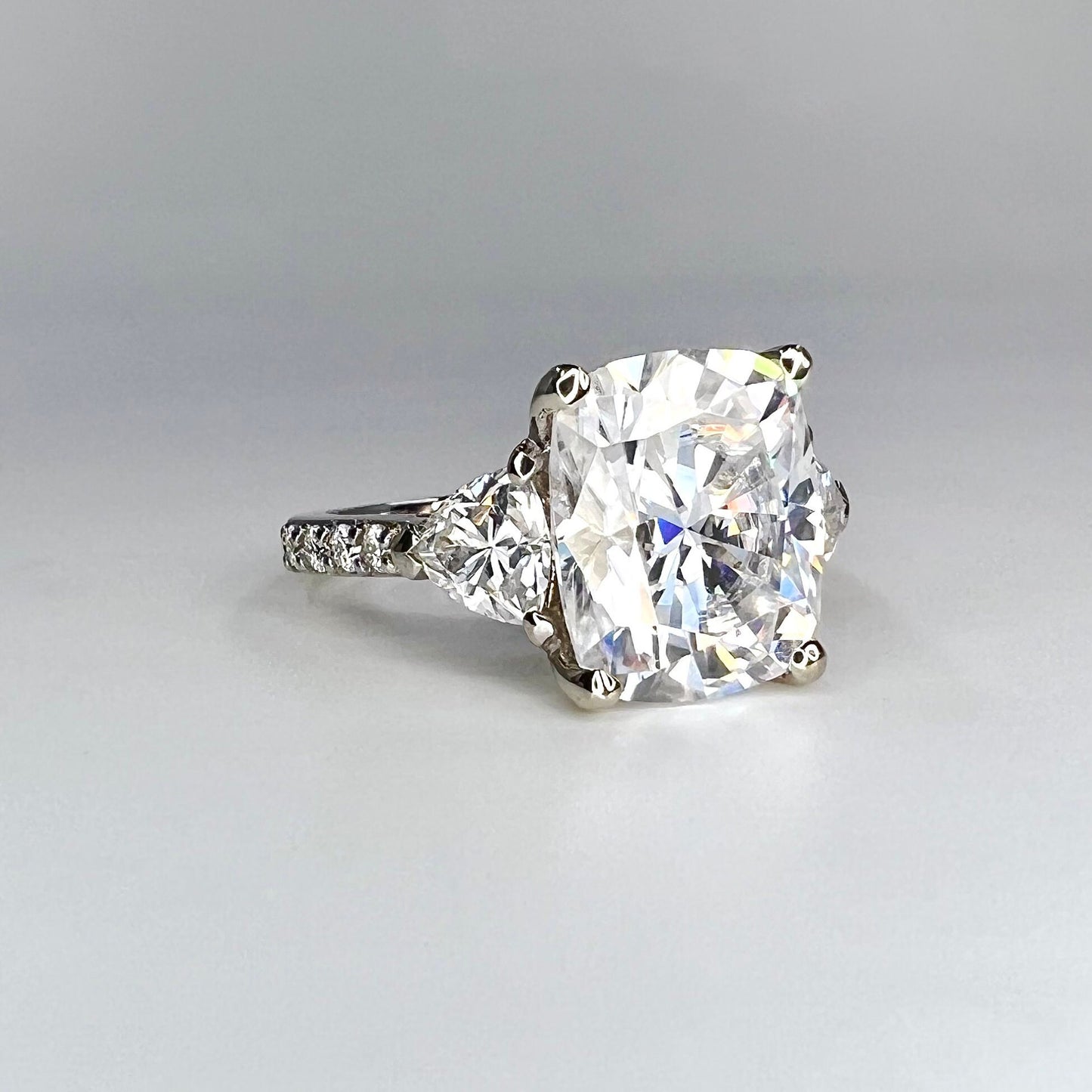 Moissanite Cushion Cut Engagement Ring, Elongated Cushion Cut Wedding Ring, 14k White Gold Trillion Moissanite Three Stone Ring Ladies #7508