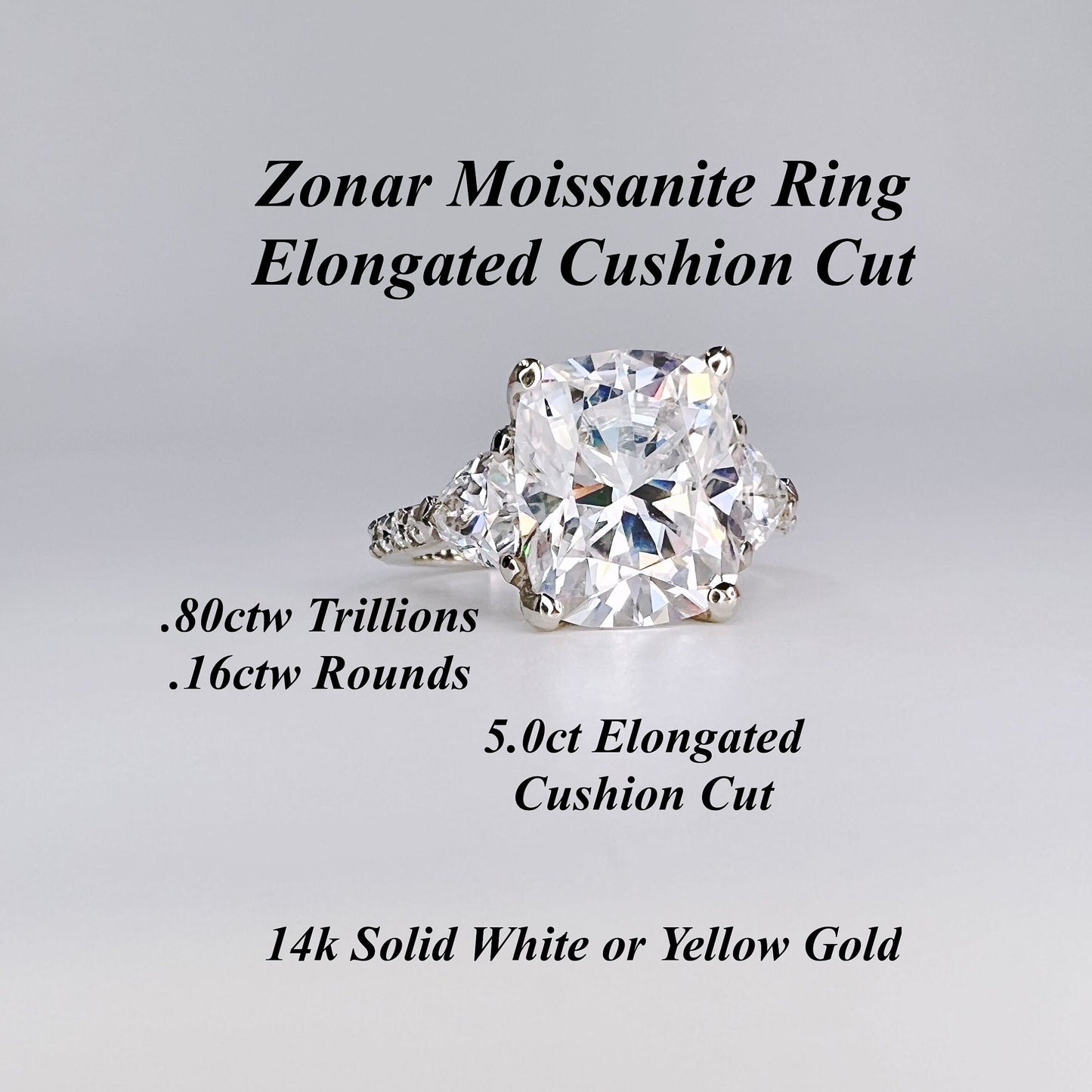 Moissanite Cushion Cut Engagement Ring, Elongated Cushion Cut Wedding Ring, 14k White Gold Trillion Moissanite Three Stone Ring Ladies #7508