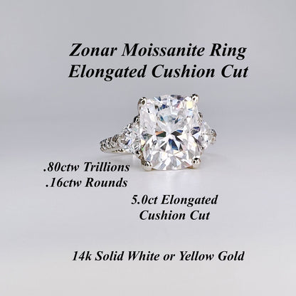 Moissanite Cushion Cut Engagement Ring, Elongated Cushion Cut Wedding Ring, 14k White Gold Trillion Moissanite Three Stone Ring Ladies #7508