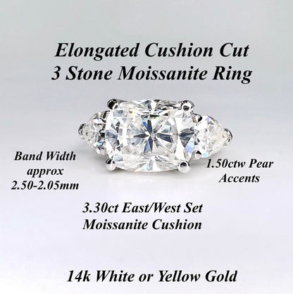 Cushion Cut Moissanite Engagement Ring 14K Solid Gold , Elongated Cushion Cut Wedding Ring , Unique East West Cushion Shaped Ring