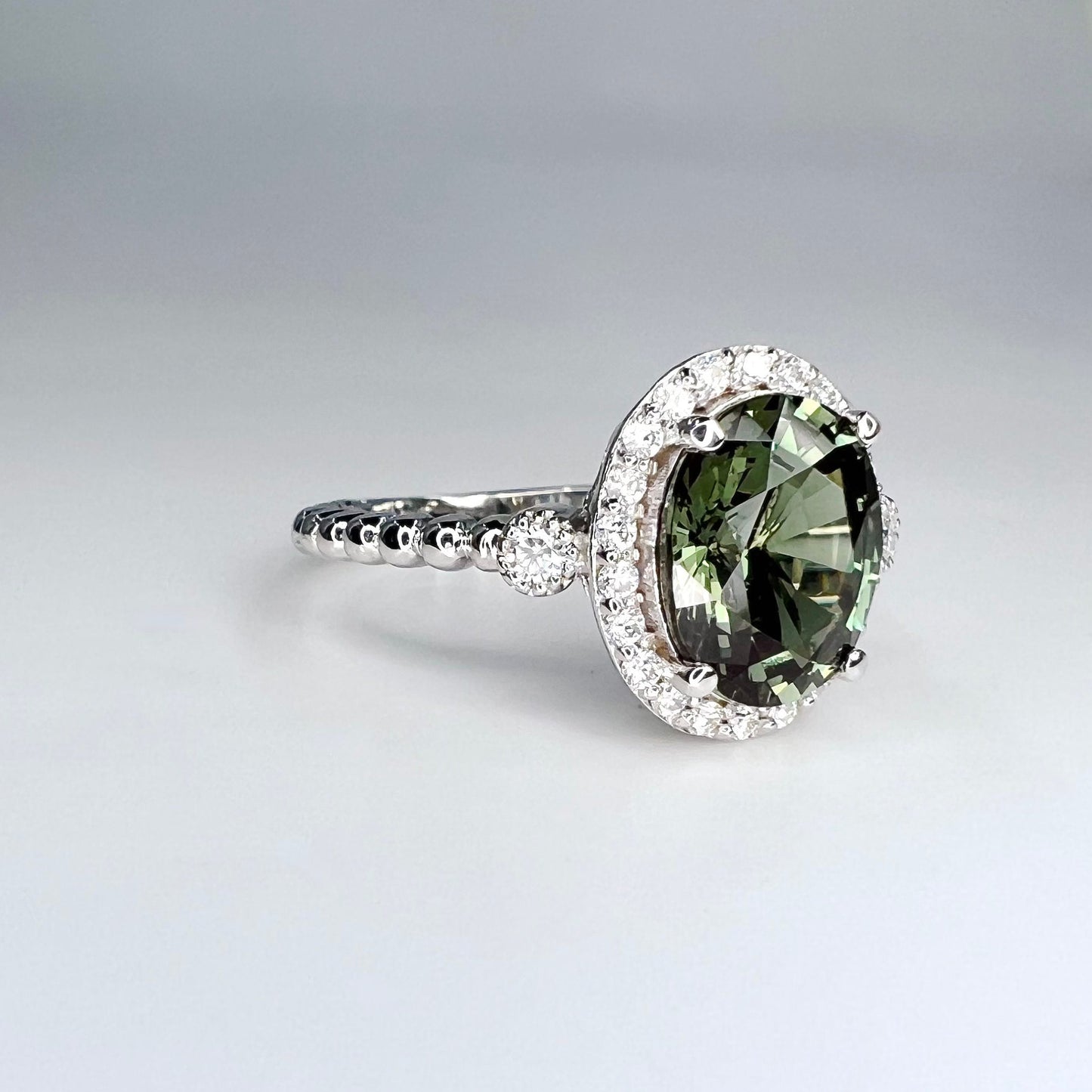 Olive Green Oval Sapphire With Moissanite Halo  Vintage Emerald Oval Cut Engagement Ring 14K Solid White Gold Unique Promise Wedding  #7398