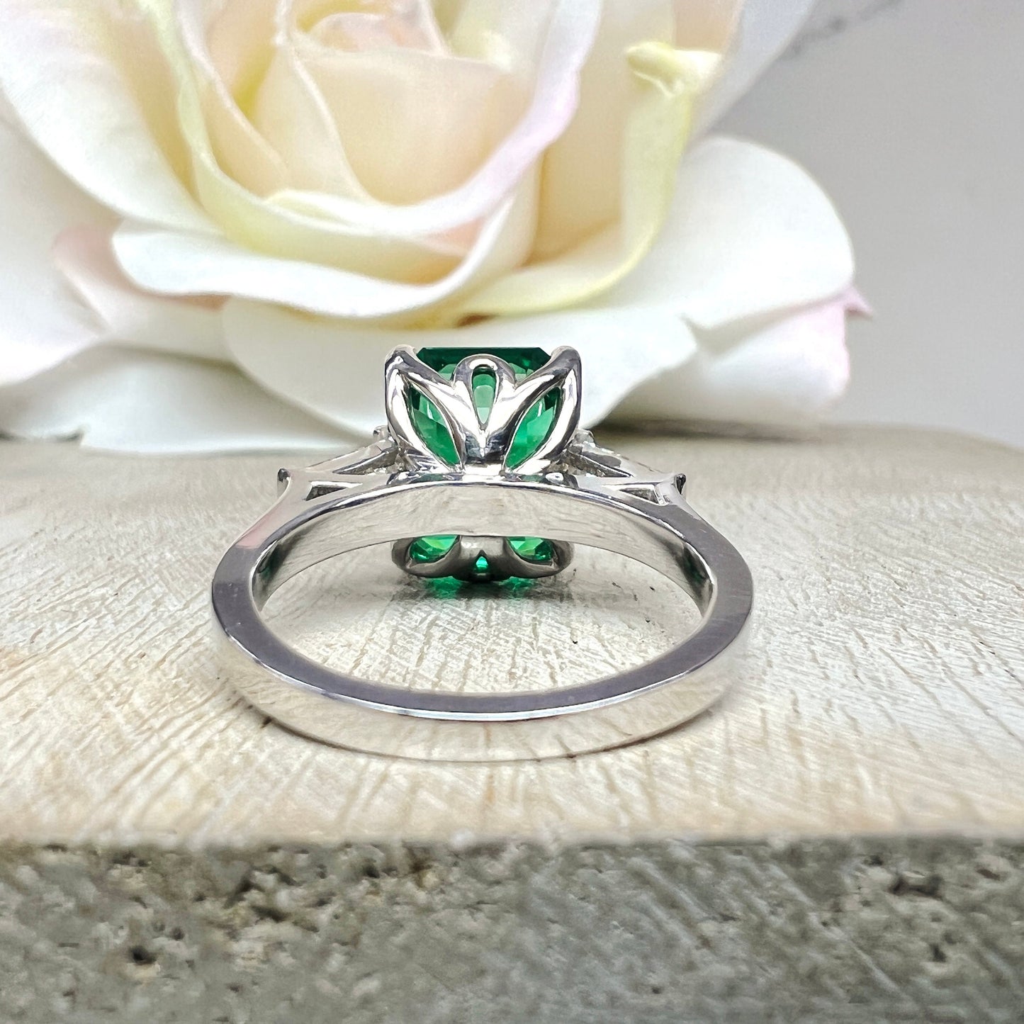 Emerald Cut Emerald Engagement Ring Moissanite Baguettes 14K White Gold  Emerald Green Emerald Cut Engagement Rings Unique Wedding Ring 7363