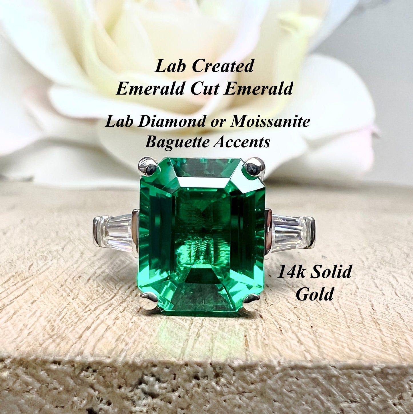 Emerald Cut Emerald Engagement Ring Moissanite Baguettes 14K White Gold  Emerald Green Emerald Cut Engagement Rings Unique Wedding Ring 7363